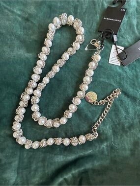 BCBG belt Pearl-Embellished Silver Chain Belt